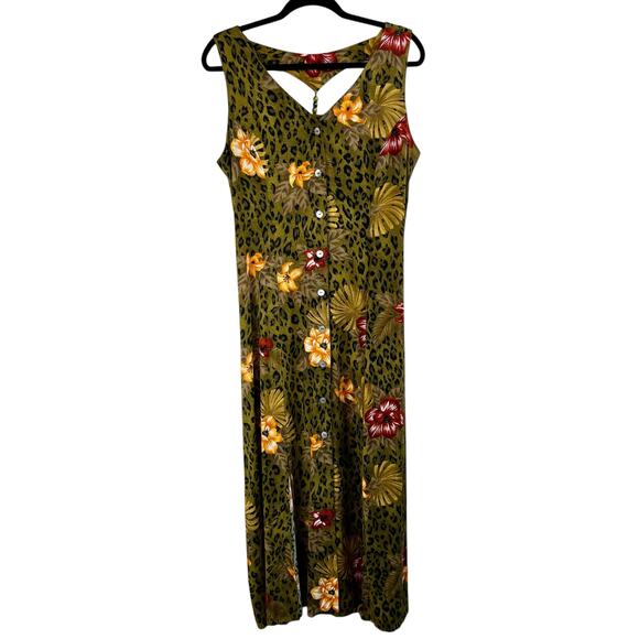 Scarlett Dresses & Skirts - Scarlett Olive Leopard Floral Beaded Button Up Sleeveless Midi Shift Dress 14